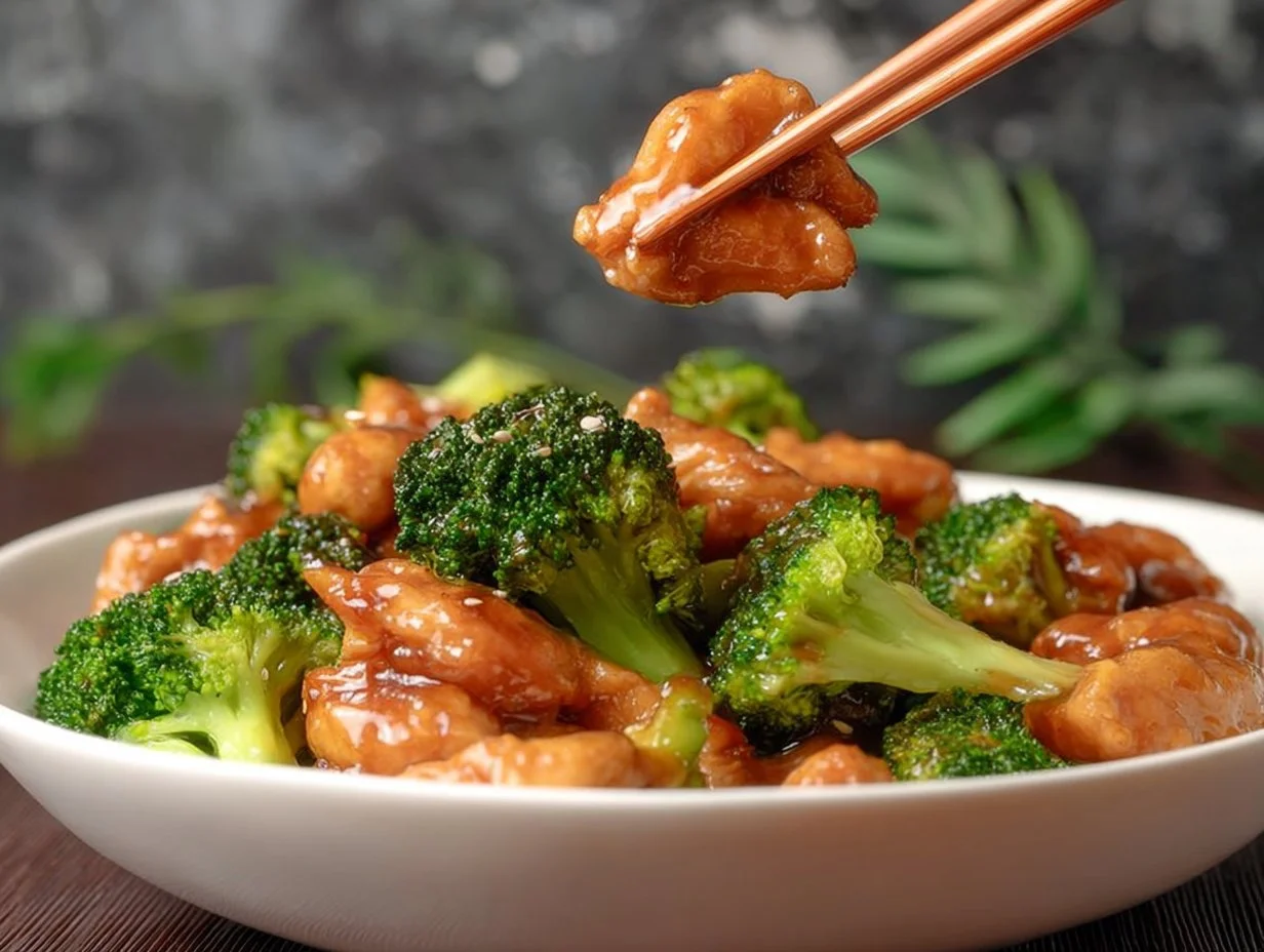 Delicious Chinese Chicken and Broccoli stir-fry served on a plate.