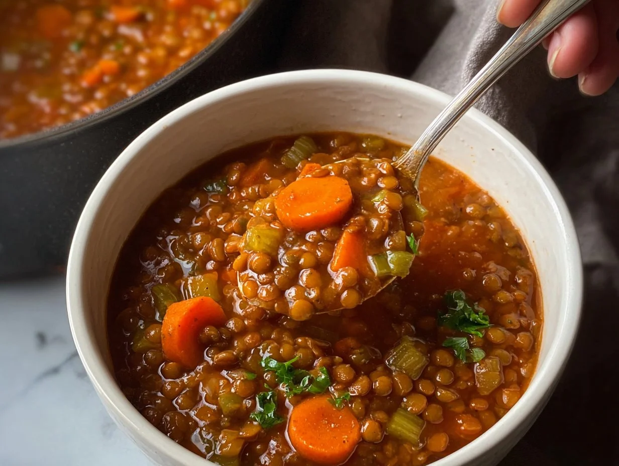 Bowl of classic lentil soup with vegetables and herbs