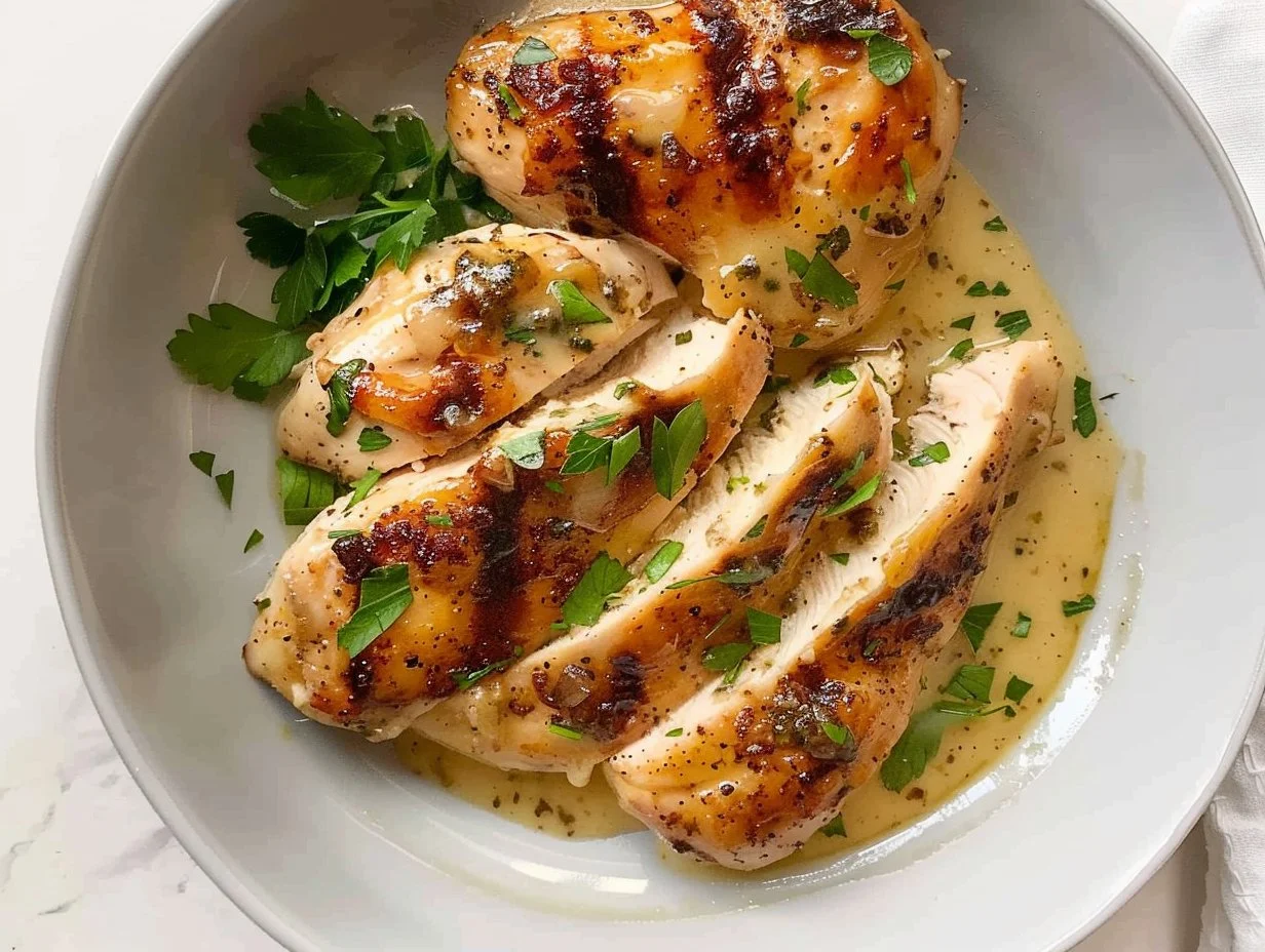 Plate of creamy garlic chicken garnished with parsley and served with rice