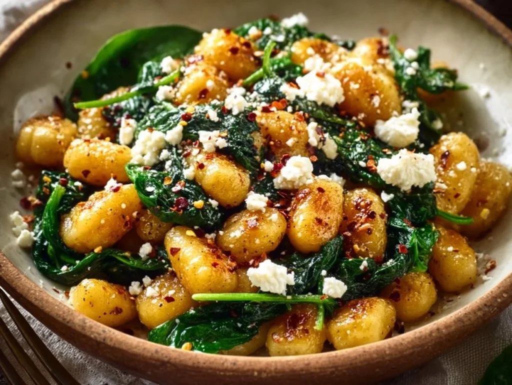 Creamy gnocchi dish with spinach and feta served in a bowl