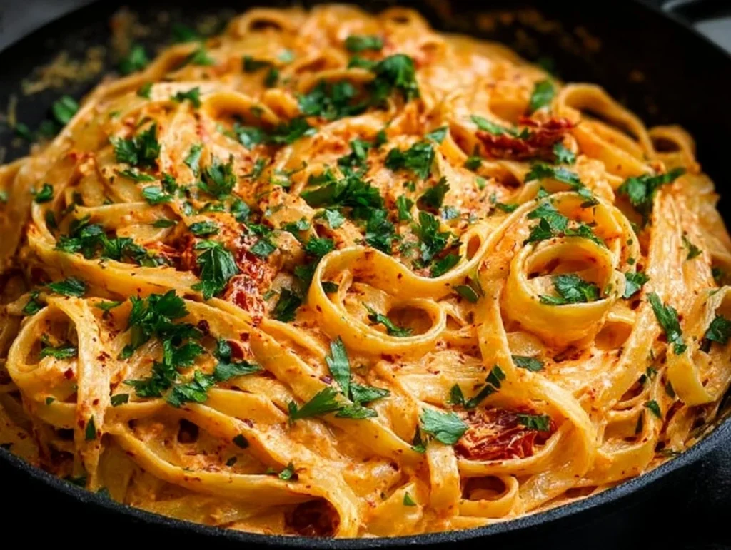 Creamy vegan sun-dried tomato pasta served in a bowl with fresh herbs