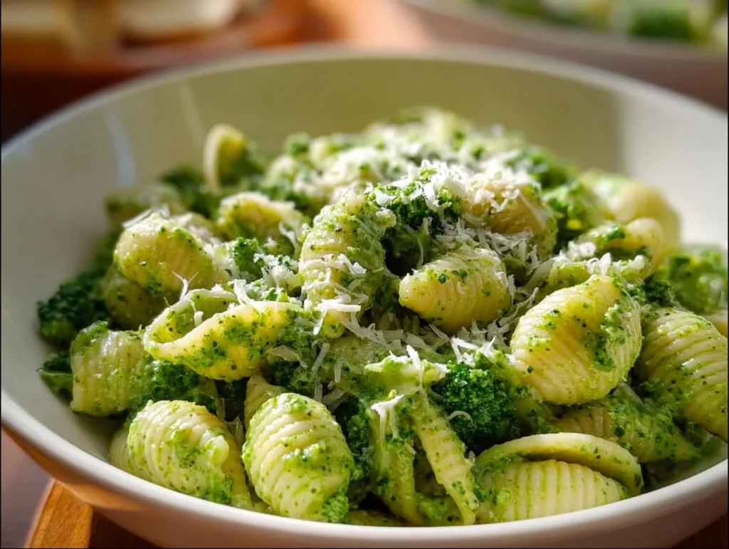 Healthy broccoli pasta dish garnished with parmesan cheese and cherry tomatoes
