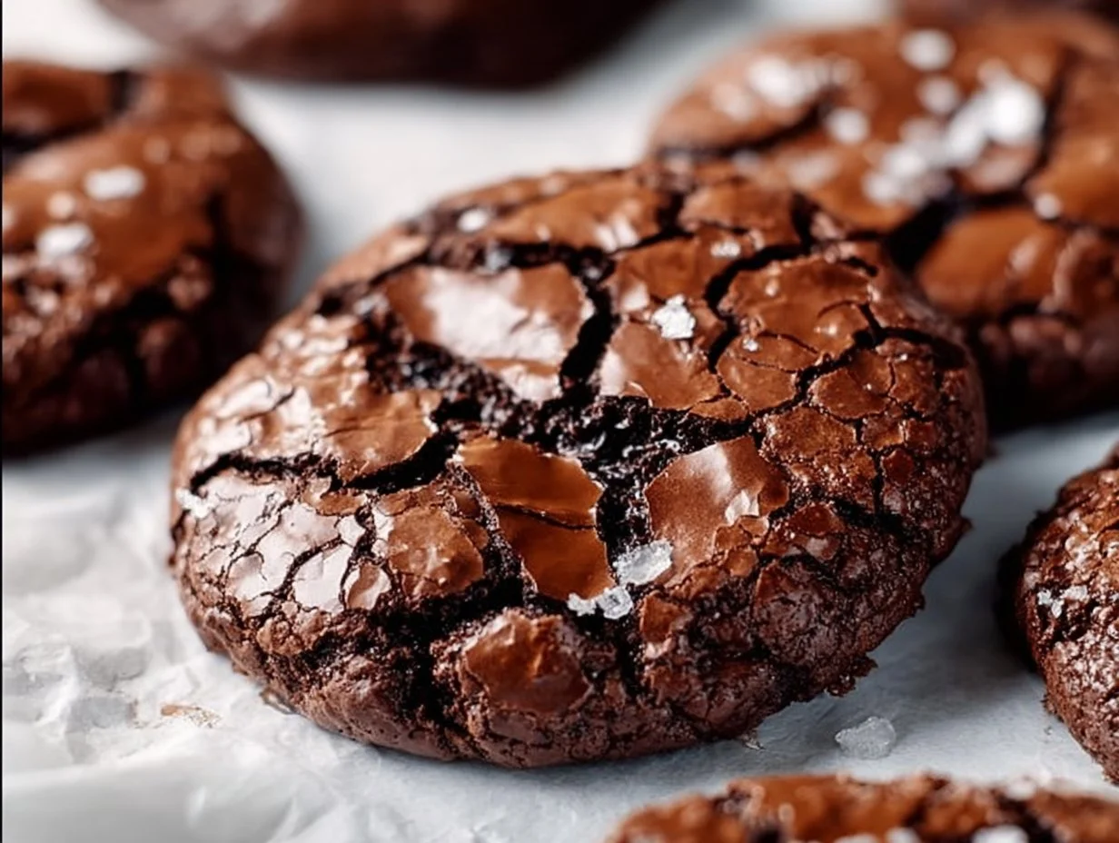 Gourmet brownie cookies stacked on a plate, showcasing their rich chocolate texture.
