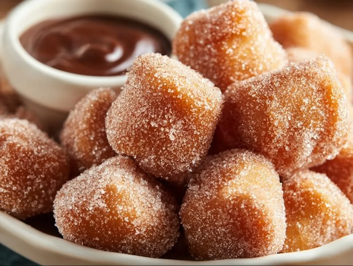 Healthy air fryer churro bites served on a plate with cinnamon sugar