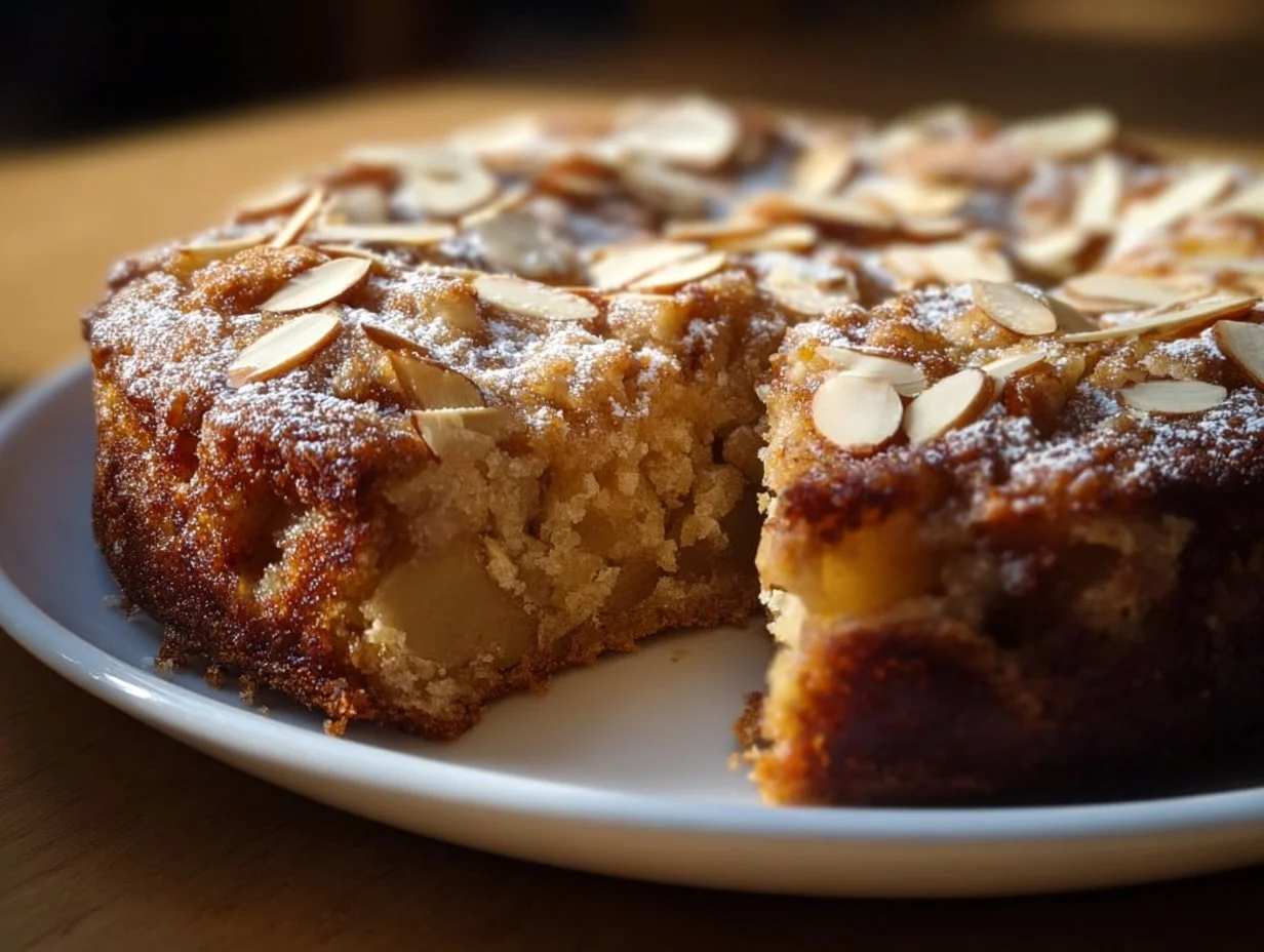 Healthy oatmeal apple cake with fresh apples and oats on a wooden table