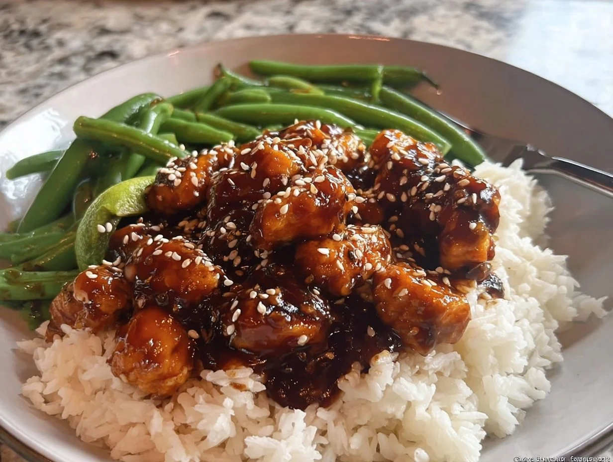 Healthy sesame chicken dish garnished with sesame seeds and vegetables