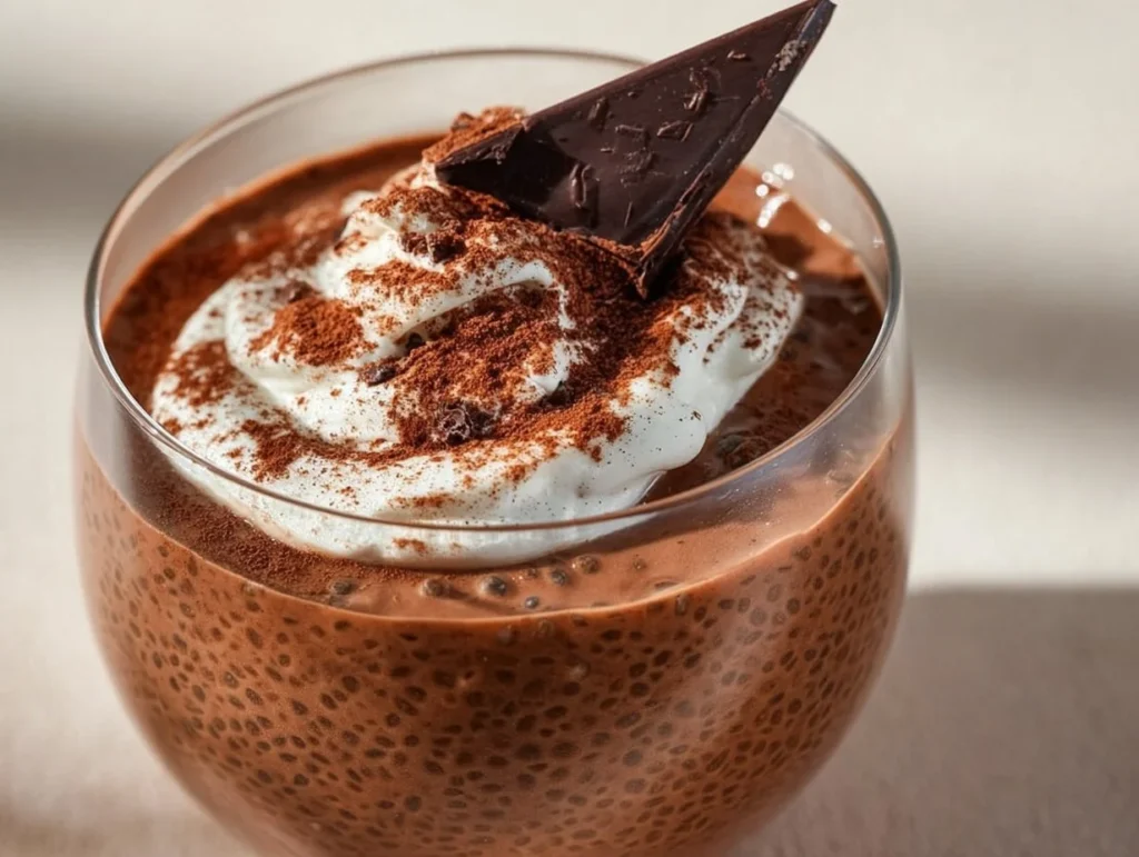 High protein chocolate chia seed pudding in a glass topped with berries