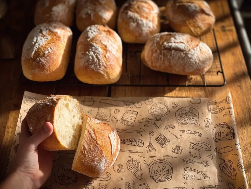 Freshly baked no-knead ciabatta bread with a light and airy crumb.