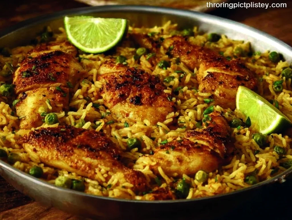 One Pan Mediterranean Chicken and Rice dish served with fresh vegetables