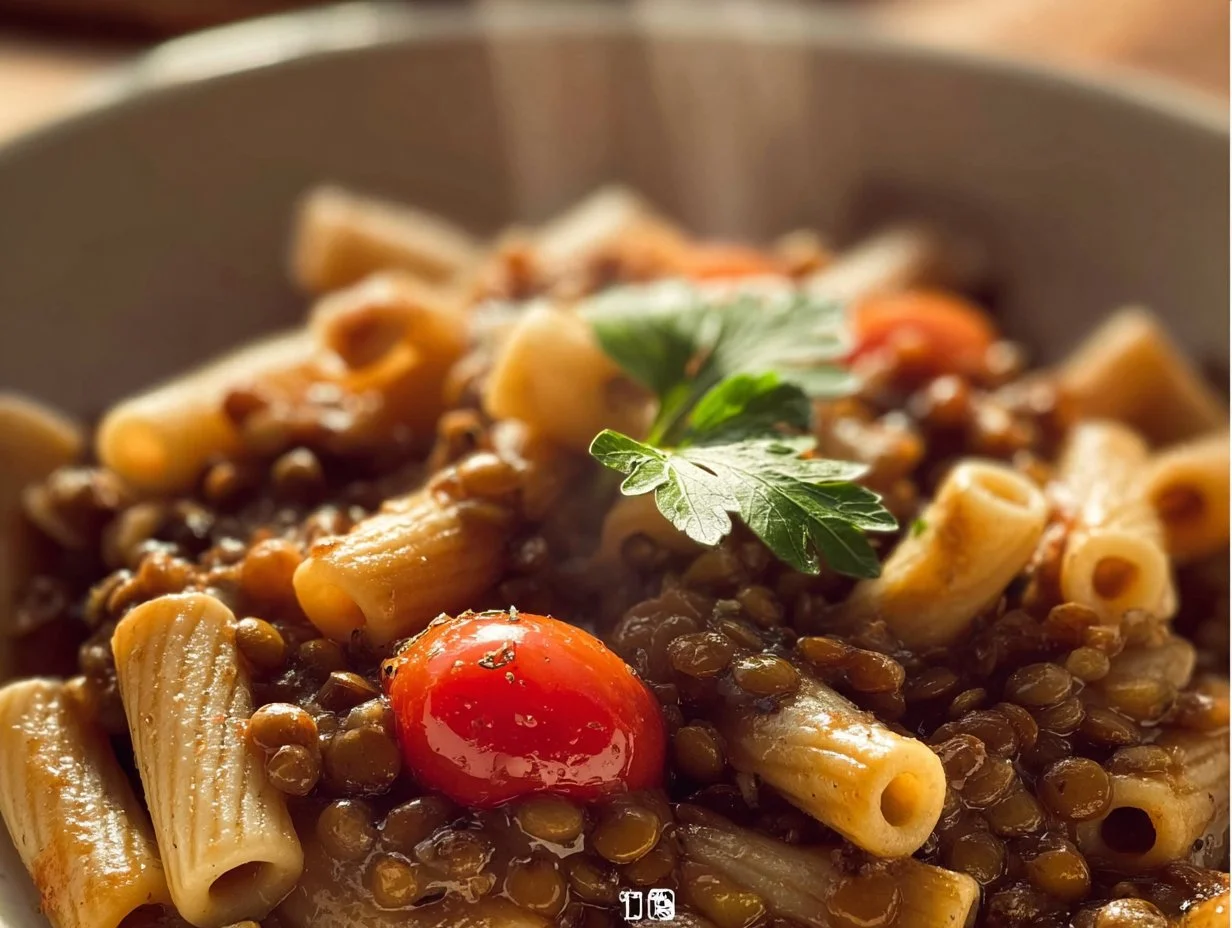 Delicious pasta with lentils topped with herbs and spices
